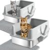 FUTAM Stainless Steel Litter Box 2 Pack | XL Metal Litter Box with Scoop and Litter Trapping Mat | Large Litter Boxes for Cat/Kitty | High Sides, Anti-Urine Leakage, Never Absorbs Odors, Easy Cleaning